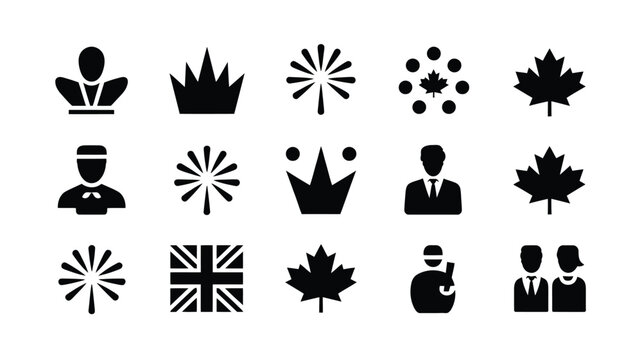 Clean professional icon set featuring canadian maple leaves royal crowns business people silhouettes and union jack flag for diverse digital and print design applications