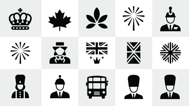 Collection of minimalist black and white icons representing british culture and symbols including crown maple leaf union jack flag royal guard double decker bus and fireworks