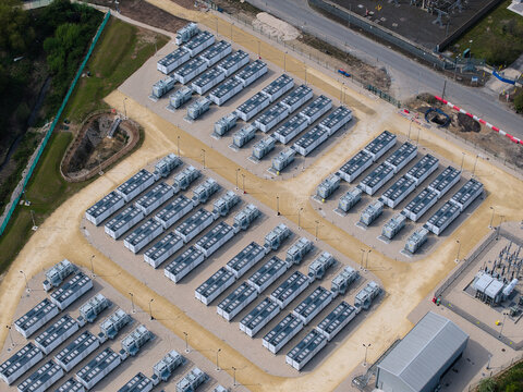 Aerial view of Battery Energy Storage Systems with rows of industrial units on a gravel site Knottingley, England, United Kingdom.