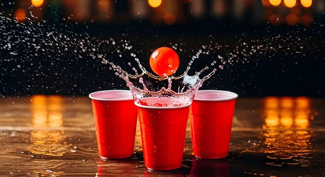 A red beer pong ball dramatically splashes into a plastic cup.