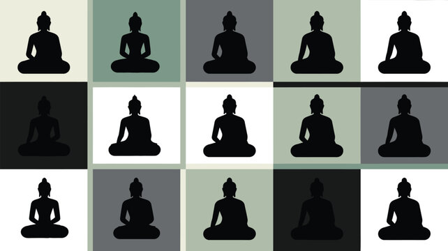 Collection of 15 black silhouettes of buddha in meditation poses against a modern geometric tiled background with subtle color gradients representing spirituality and serenity