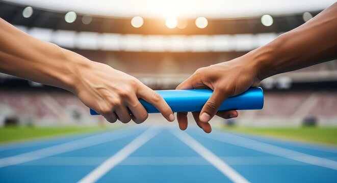 Athletes' hands execute a perfect baton pass during a relay race.