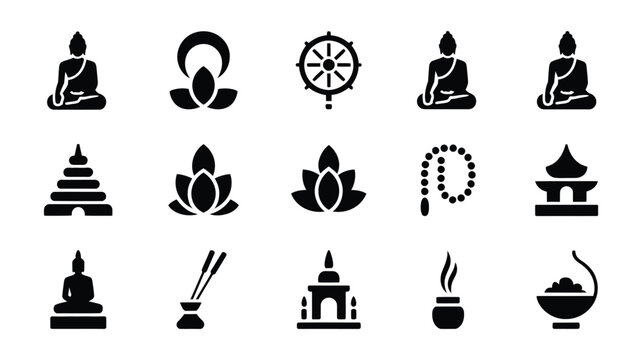 Collection of buddhist religious symbols and icons including meditating buddha figures lotus flowers dharma wheel prayer beads stupa incense burner and pagoda presented in a clean