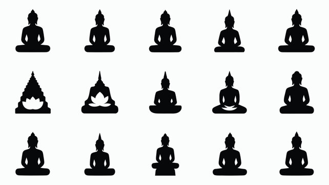 Collection of diverse black buddha silhouettes in meditation poses arranged in a clean grid layout on a white and light gray background representing spirituality zen and inner