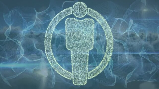 Particle cluster forming center, stretching, curling into ring, forming glowing user icon for badge