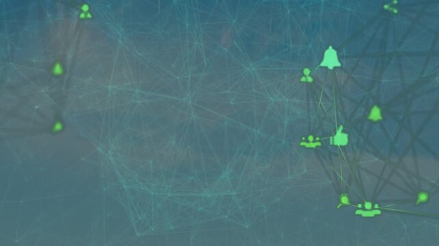 Mesh pulsing, right neon icons lighting and linking, bell rising and pulsing, visualizing activity