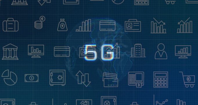 Glowing 5G label fading in, pulsing and glitching while globe rotating signaling finance network