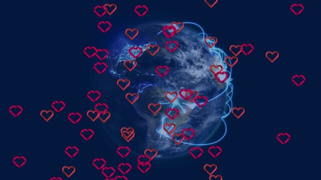 Lower-right hearts sparking, rotating globe while drifting and blue arcs linking lands, showing net