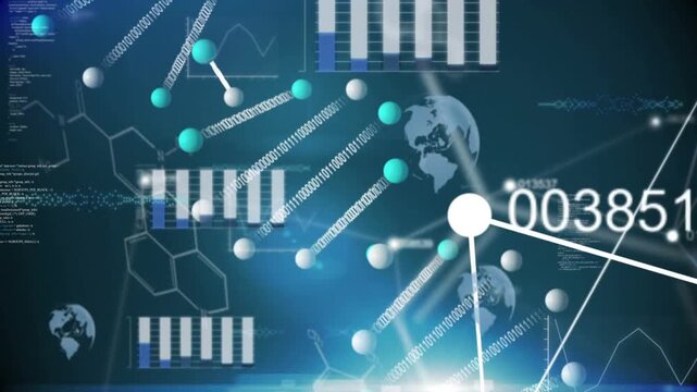Data network display being triggered by bolt, nodes streaming bits toward globes, forming network