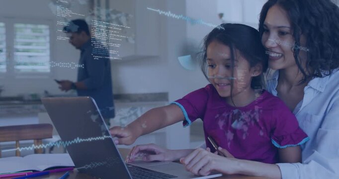 Mom guiding child on keys, child typing, learning, tech overlays growing on laptop, dad on phone