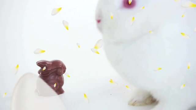 Live white rabbit entering from right, pausing and inspecting chocolate rabbit, petals drifting