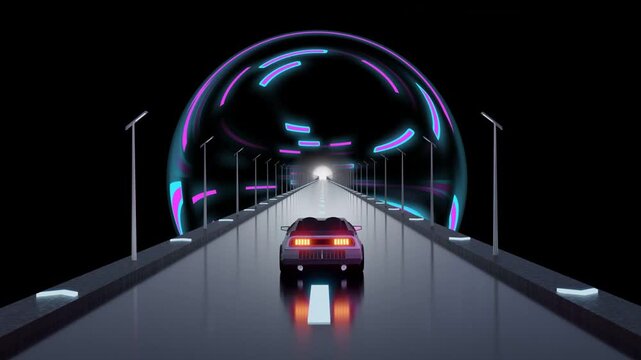 Auto sports car driving toward glowing portal, activating neon dome with sweeping lasers and glow