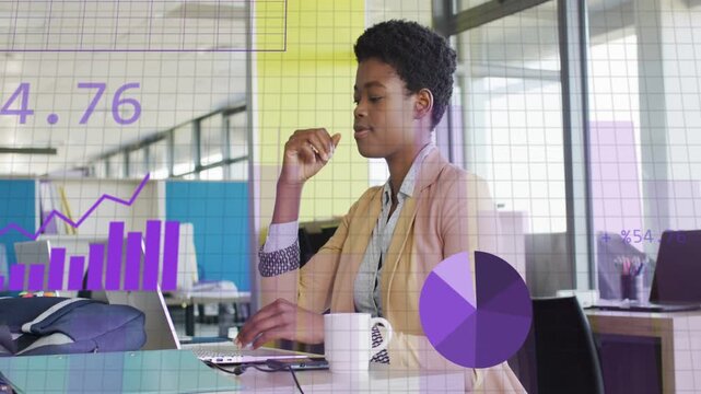 Female data analyst typing on laptop causing purple chart overlays, reviewing analysing data trends