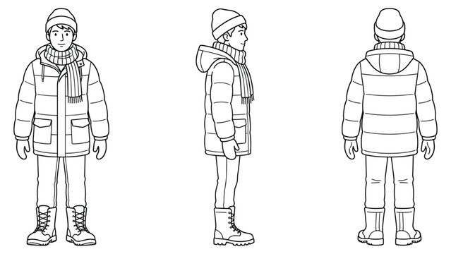 Man wearing winter coat hat and boots standing in three different profile views line art.