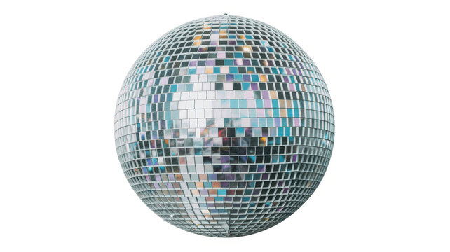 Reflective disco ball with small mirrored tiles on a white background