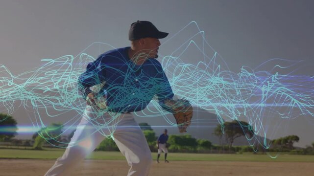 Vertical video: Baseball fielder on grounder gloving then throwing to teammate under cyan waveform