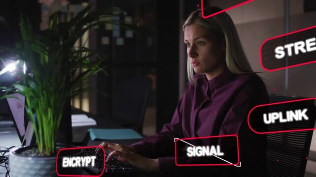Woman typing at keyboard in dim office, generating labels ENCRYPT DAEMON and securing network