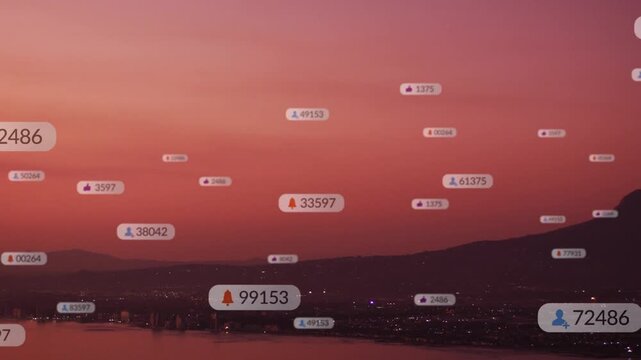 New alerts arriving, UI labels appearing clustering and drifting above bay skyline, showing data