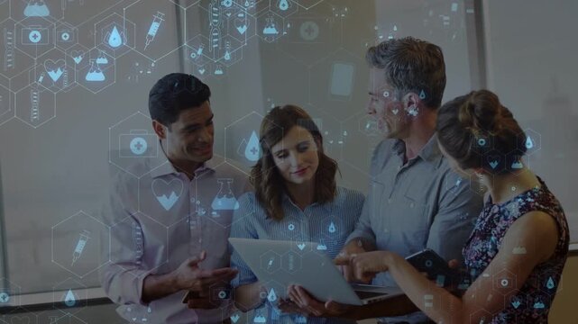 Medical team, woman holding laptop and starting health data review while medical icons floating