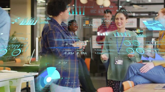 Two colleagues gesturing and chatting, planning business strategy while holo charts float