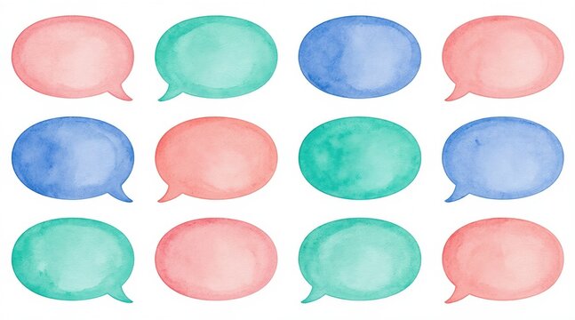Twelve blank watercolor speech bubbles in pastel pink, blue, and teal hues arranged in three rows on white background. Empty dialog shapes for text and messages, representing conversation ideas.