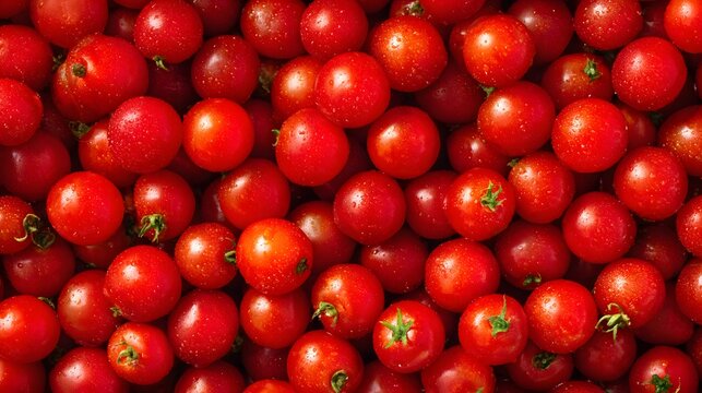Many cherry red tomatoes flat lay photo. Top close up view vegetable vegan diet. Fresh ration organic ration vitamin source photo
