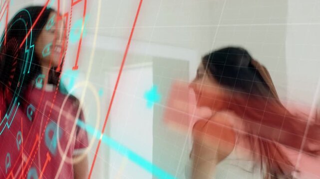 Two women rising bonding dancing after hand touching shoulder red cyan HUD sweeping for marketing