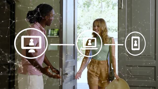 Man opening front door, greeting guests stepping in and hugging while tech icons linking screens