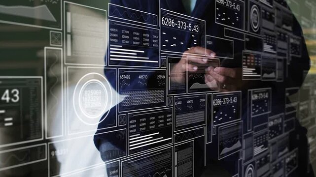 Senior exec tapping phone in hotel room, updating translucent HUD grid and monitoring finance