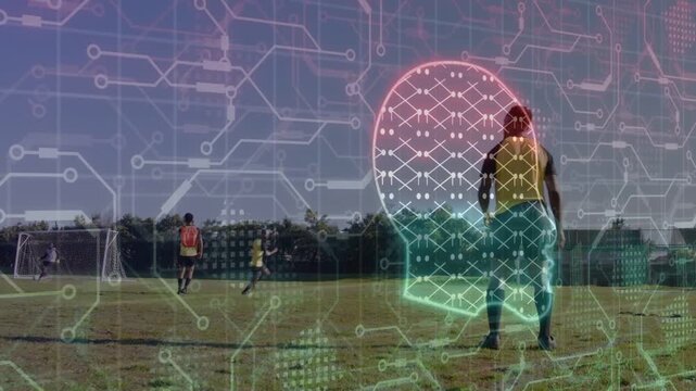 Incoming ball sending player controlling, redirecting during sports drill, neon overlay animating