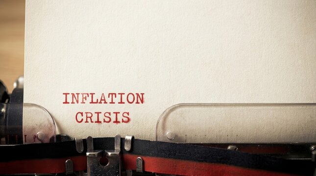 inflation crisis economy typewriter finance recession money close up of vintage text on paper highlighting global financial problems and cost of living increases for news.