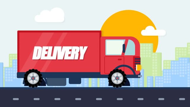 Red Delivery Truck Moving on Highway with City Skyline Background Flat Style Vector Animation