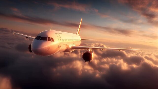 Travel trip journey. A vivid portrayal of an airplane soaring above the clouds during sunset. The sky is painted with hues of orange, pink, and purple, with the sun casting a warm glow on the clouds.