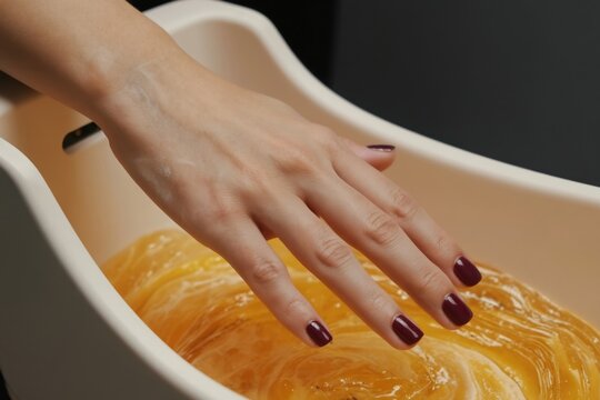 Woman dips hand into warm paraffin bath for skin hydration, nail treatment. Skilled beautician applies cosmetic therapy for soft, smooth hands, cuticle care. Luxurious spa relaxation for healthy skin.