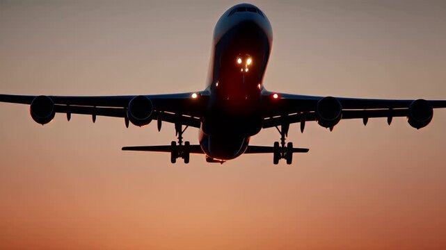 Travel trip journey. A vivid portrayal of an airplane taking off at sunset. The sky is a gradient of warm oranges and reds, with the sun partially visible behind the plane.