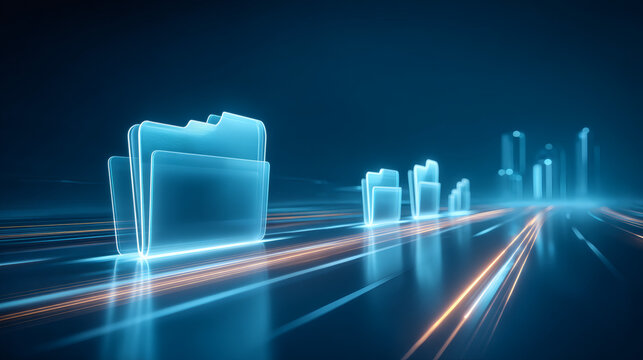 digital rendering of multiple interconnected folder icons of varying sizes, glowing with a soft neon blue light. A multi-lane highway of glowing white particles and light streaks flows between 