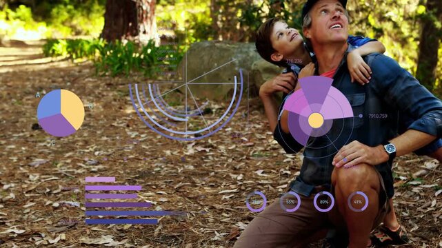 Son climbing on back, dad kneeling, steadying and scanning canopy with purple HUD overlay for tech