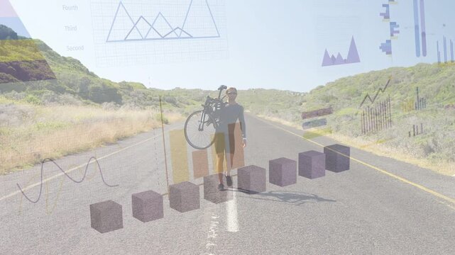 Cyclist carrying bike walking center line, motion initiating 3D bars rising showing ride data tech
