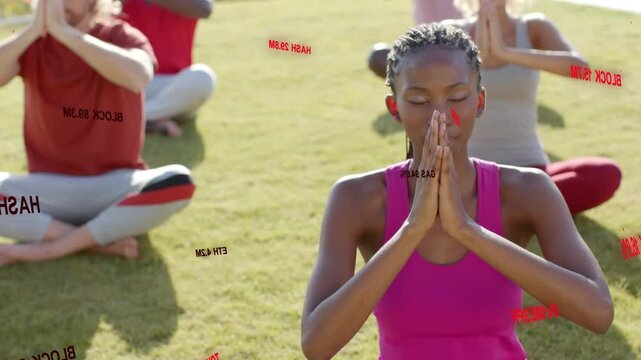 Lead woman heeding guide cue, lowering hands opening eyes for wellness on grass, red text circling