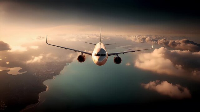 Travel trip journey. A highresolution digital artwork depicts an airplane soaring above a vast expanse of clouds at sunset. The sky is painted in warm hues of orange, pink, and purple.