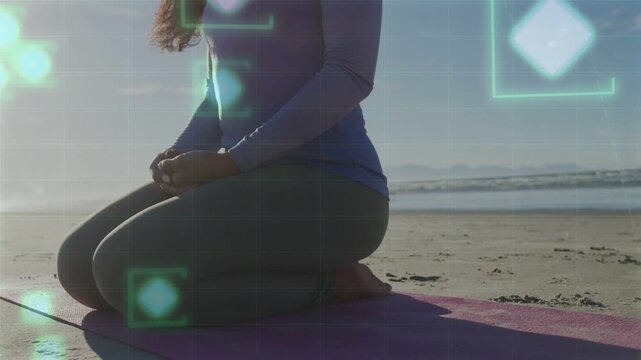 Woman kneeling on purple shore mat for wellness, green icons emerging from right over torso grid