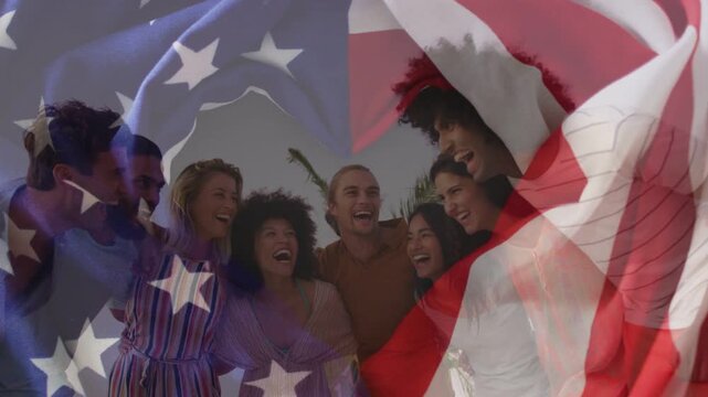 Eight peers linking arms, posing for camera, flag overlay drifting over faces, forming patriotic ad