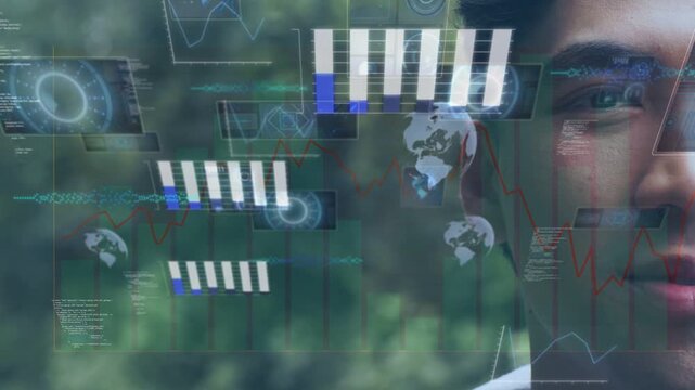 Man on right facing forward, HUD overlay appearing, bars and globes aligning with gaze, showing AR