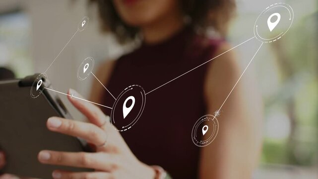 Woman tapping tablet starting location pins linking lines expanding network revealing face for maps