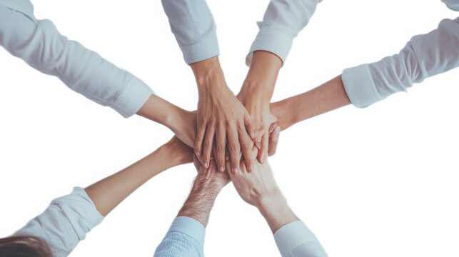 Corporate executives joining hands in unity, teamwork, and collaboration in a professional setting