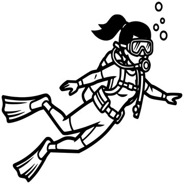 Underwater Explorer: A monochrome illustration of a diver gracefully explores the aquatic depths, equipped with scuba gear, bubbles, and a sense of wonder.