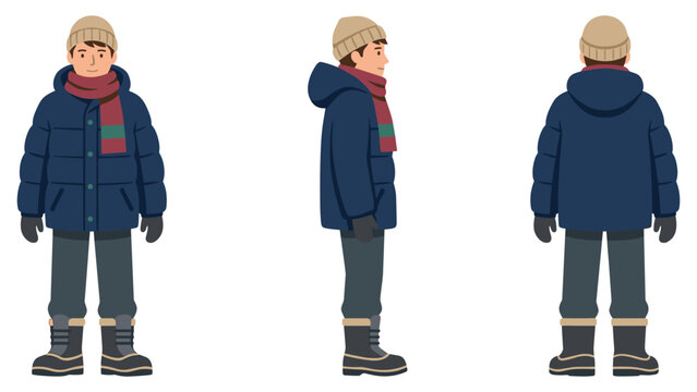 Young man in winter clothes illustrated from three different viewpoints for character design.