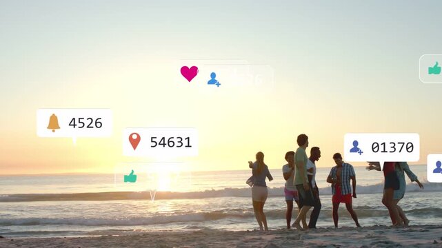 Five friends dancing on sand, sending likes clustering, drifting then fading, showing social buzz
