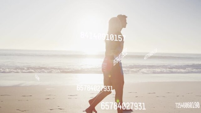 Woman climbing onto man's back, man carrying her along sunny beach, tech data overlays drifting