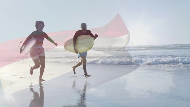 Surfers starting left and accelerating to surf, running with boards, overlay partially obscuring